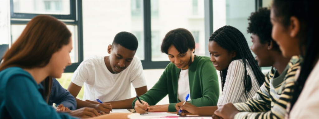Teens collaborating during a community youth leadership workshop in Bryan, Texas